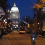 The Wisconsin State Capitol at night.