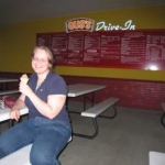 Caren, her cone and the Drive-in menu.