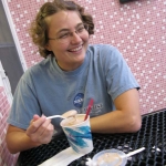 Jenni has a milkshake. The heat is really melting the everything fast!