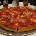 For dinner, pepperoni and italian sausage deep dish pizza. Crispy crust and wondefully cheesy.