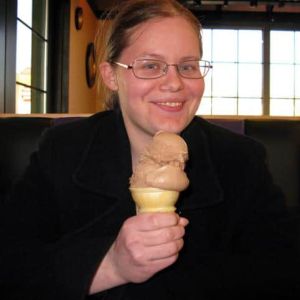Caren with her chocolate custard single scoop cone.