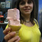 Jenny gets a strawberry cone. The square ice cream is specially made for Superdawg.