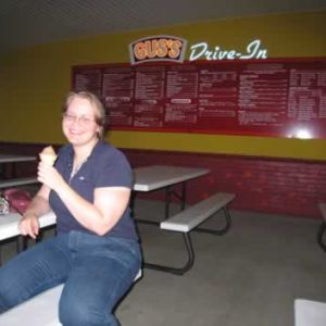 Caren, her cone and the Drive-in menu.