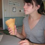 Jenny stares down her cone, planning her next lick. Jenny stares down her cone, planning her next lick.
