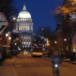The Wisconsin State Capitol at night.
