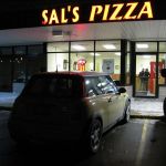 Here's Bessie picking up the goods at Sal's Pizza of Waukesha, Wisconsin. Seating is available inside.